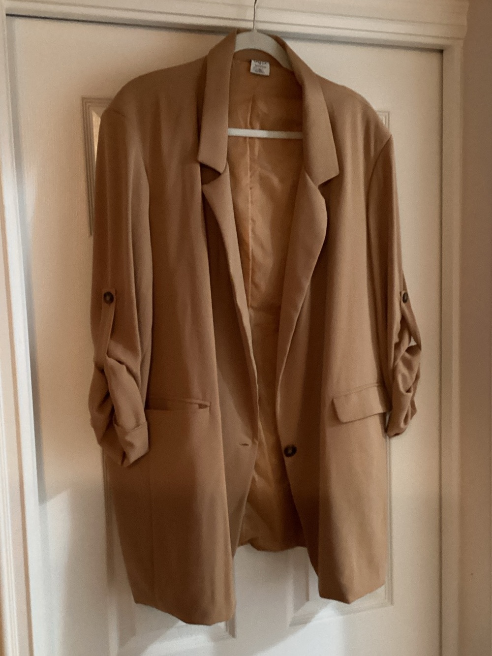 Cozy Casual Tan Longline Women's Blazer with Rolled Sleeve Tabs